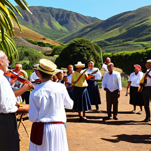 Home 4 **Prompt:** A vibrant Saint Helena tea meeting in progress. People are singing and dancing, some are playing instruments like guitars and drums. The atmosphere is joyful and communal. Traditional Saint Helenian food is visible. The scene is set in a colorful outdoor space with the Saint Helena landscape in the background. Capture the energy and warmth of the gathering.