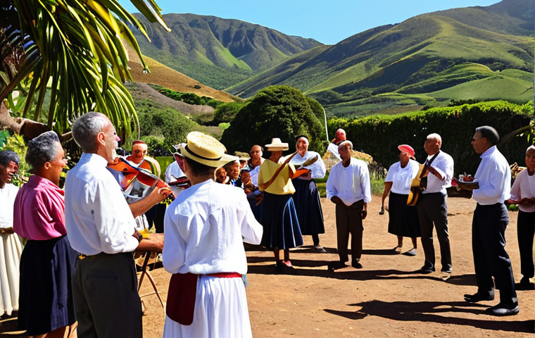 **Prompt:** A vibrant Saint Helena tea meeting in progress. People are singing and dancing, some are playing instruments like guitars and drums. The atmosphere is joyful and communal. Traditional Saint Helenian food is visible. The scene is set in a colorful outdoor space with the Saint Helena landscape in the background. Capture the energy and warmth of the gathering.